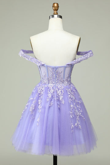 Lilac A Line Off the Shoulder Corset Cocktail Dress with Appliques